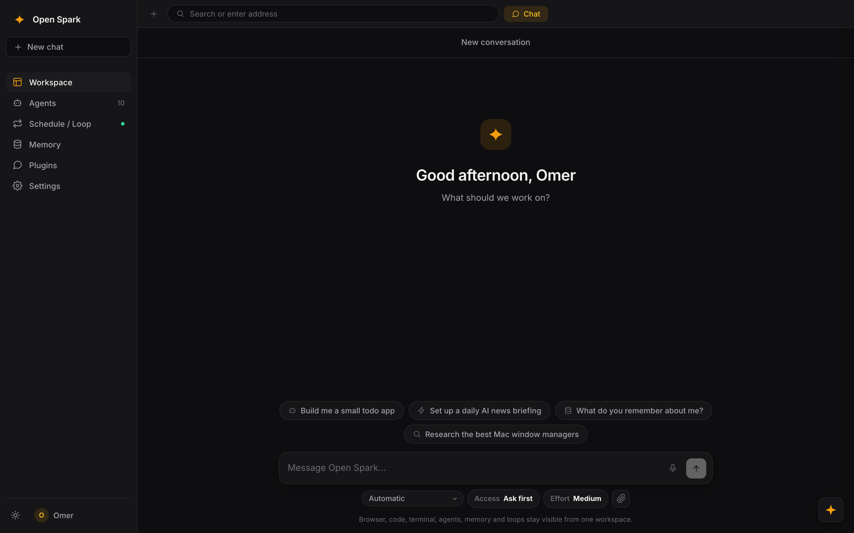 Open Spark workspace — a calm chat that greets Omer, with a sidebar for Workspace, Agents, Schedule / Loop, Memory, Plugins and Settings.
